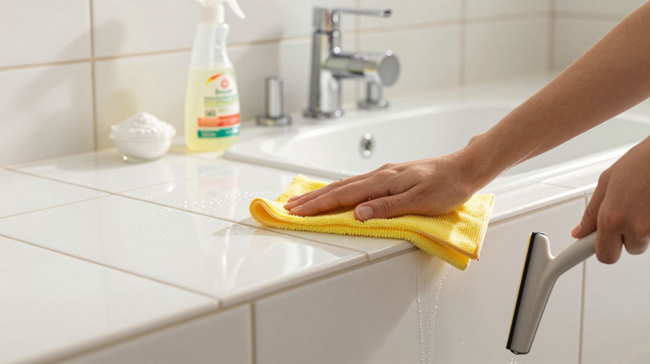 Pessoa limpando pia branca com pano amarelo e esponja no banheiro.