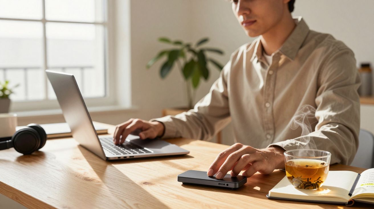 Pessoa usando notebook e celular em mesa com xícara de chá e fones de ouvido em ambiente iluminado.