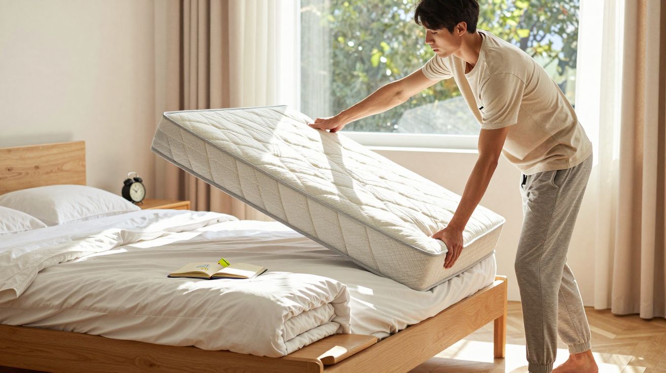 Homem arrumando o colchão em cama de madeira em quarto iluminado por janela durante o dia.