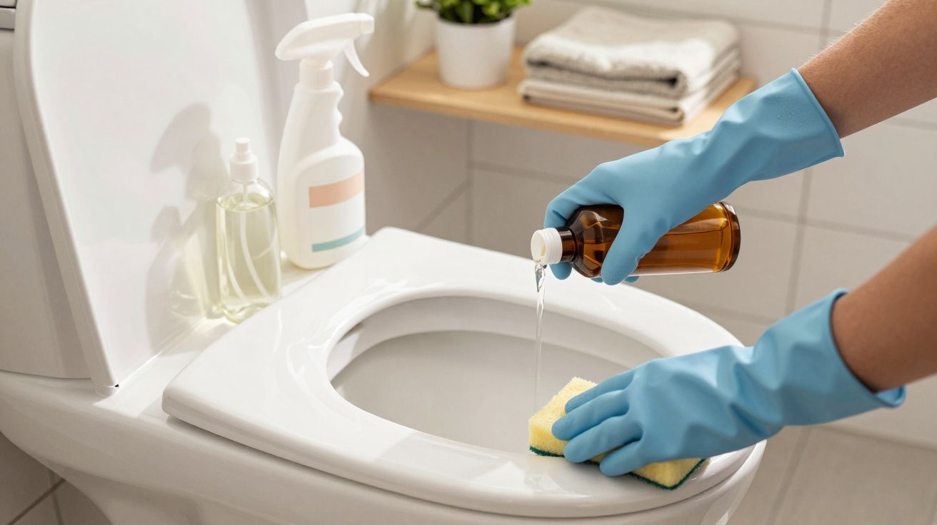 Pessoa com luvas azuis aplicando produto de limpeza em uma esponja sobre vaso sanitário branco.
