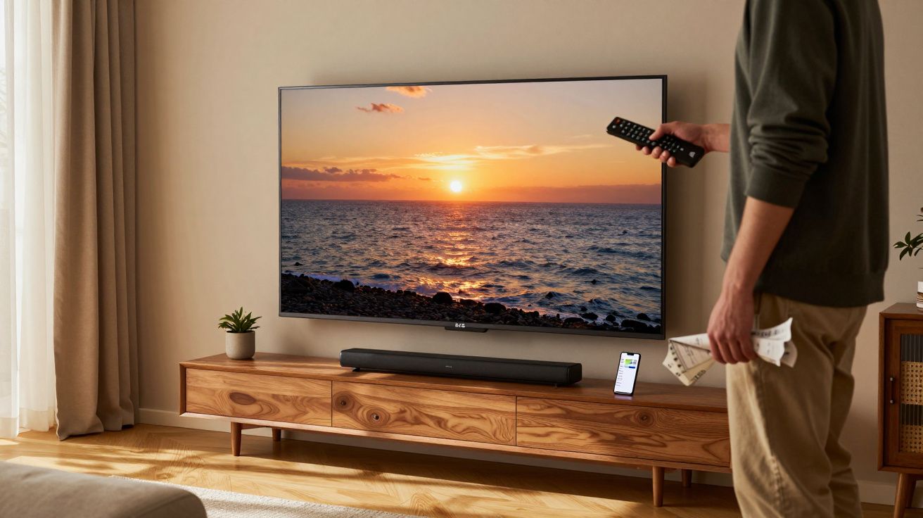 Pessoa segurando controle remoto e recibos assistindo pôr do sol no mar na TV em sala iluminada natural.