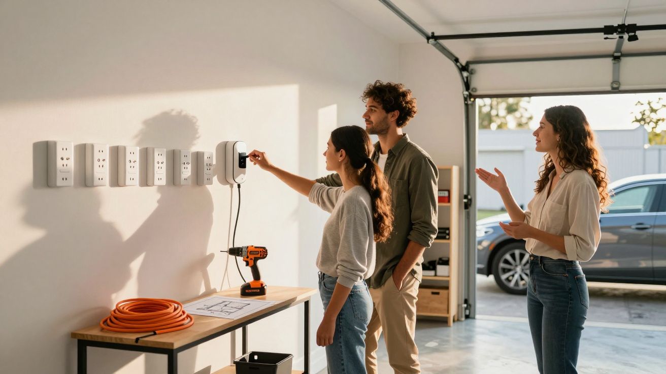 Três pessoas analisam uma parede com várias tomadas instaladas em uma garagem iluminada pelo sol.