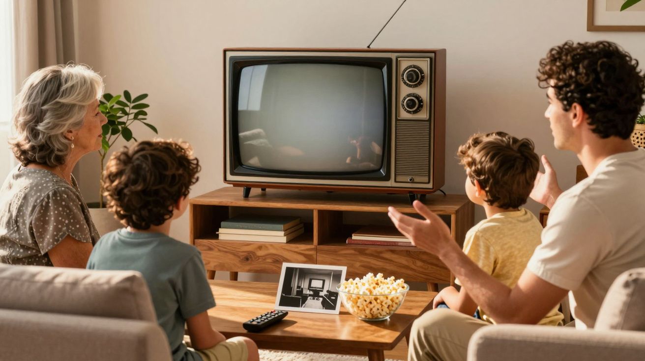 Família com crianças e idosa sentados na sala assistindo TV antiga desligada, com balde de pipoca na mesa.