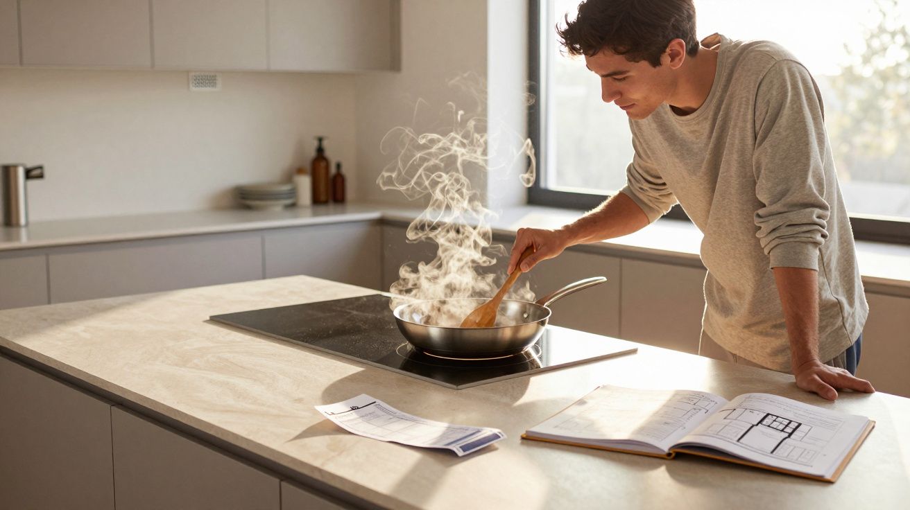 Homem cozinha mexendo panela com fumaça em cozinha moderna iluminada por janela grande.