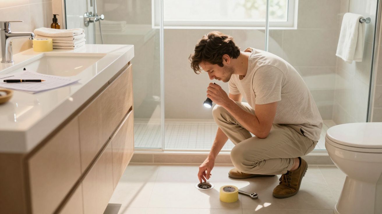Homem agachado consertando ralo do banheiro com lanterna e ferramentas ao redor.