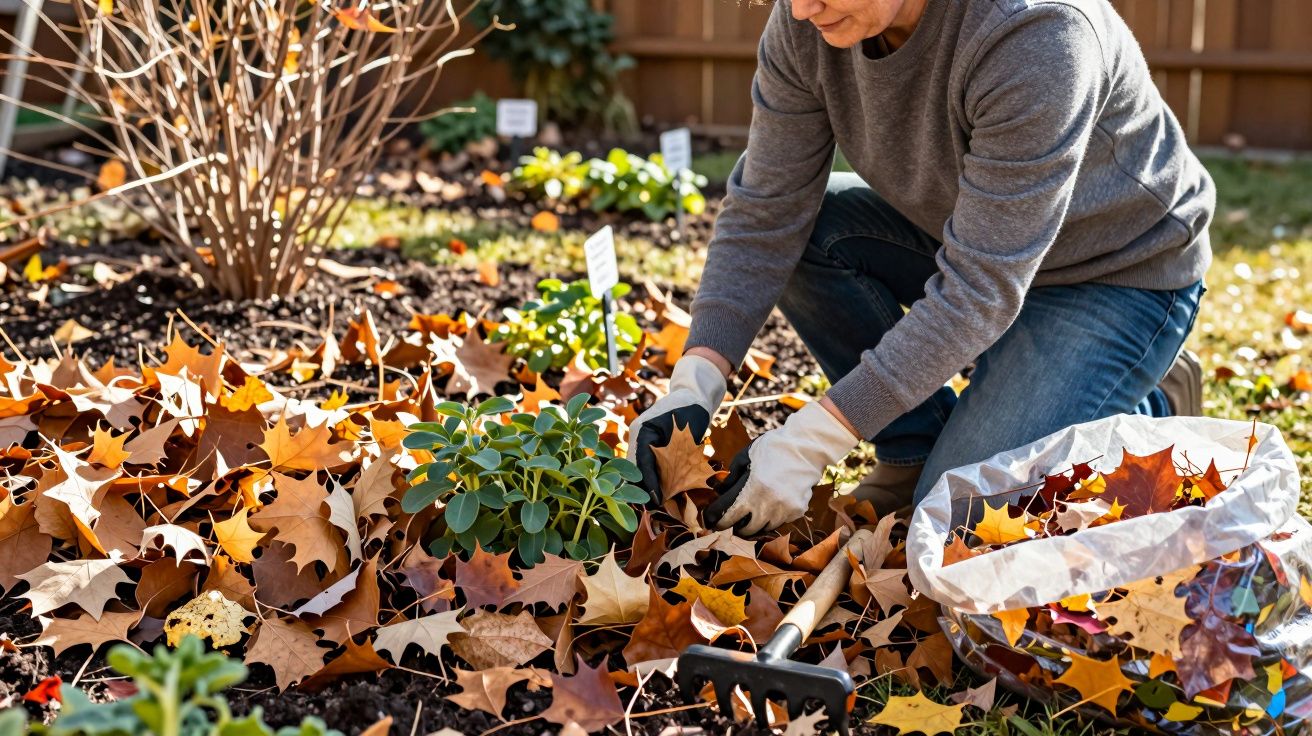 Pessoa com luvas recolhendo folhas secas de plantas em jardim ensolarado durante o outono.