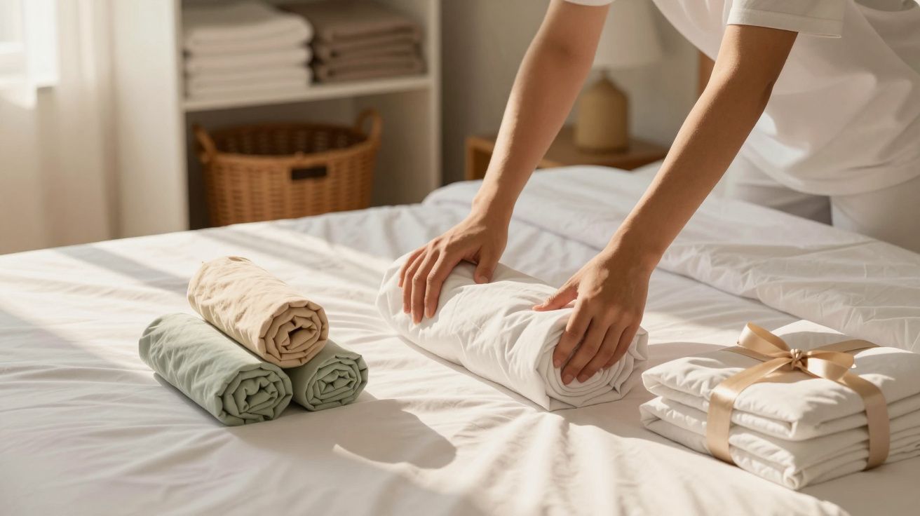 Pessoa enrolando edredom branco em cama, ao lado de mantas dobradas e laçadas com fita dourada.