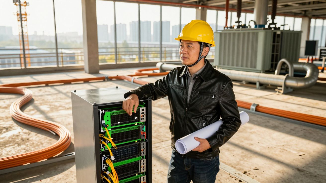Engenheiro com capacete amarelo e planta em obra industrial, ao lado de equipamento elétrico aberto.