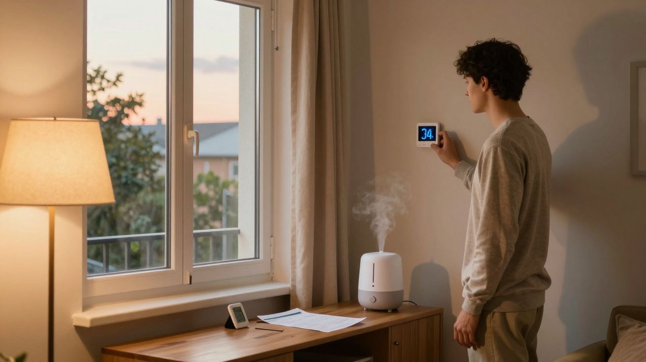 Jovem ajusta umidificador em cômodo com janela aberta ao entardecer e luminária acesa.