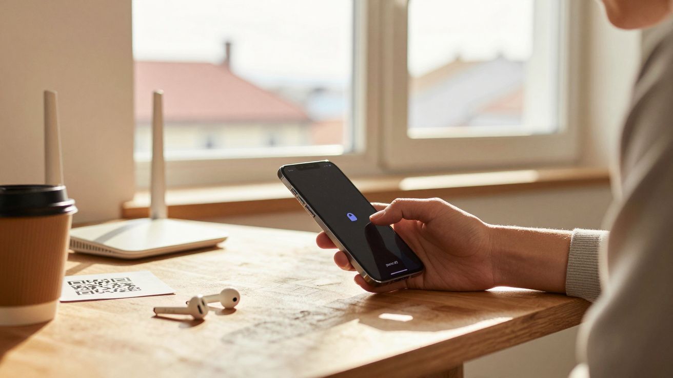 Pessoa segurando celular com aplicativo aberto, sobre mesa de madeira com fones, café e roteador próximo à janela.