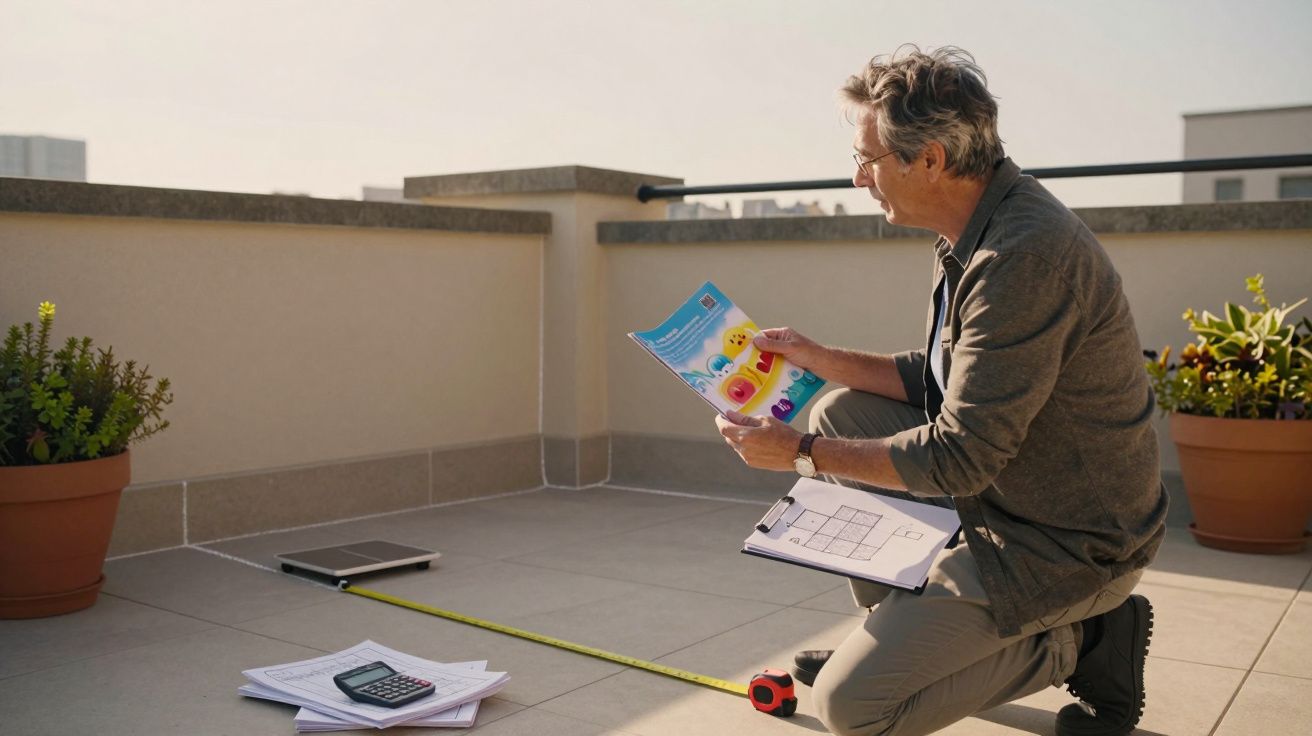 Homem idoso ajoelhado em varanda com plantas, segurando material didático e prancheta, com calculadora e fita métrica no chão