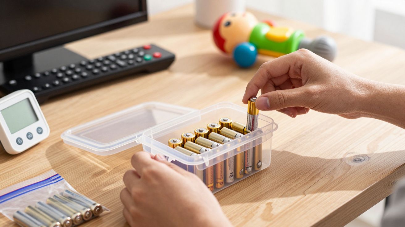 Mãos organizando pilhas AA em caixa plástica transparente sobre mesa com controle remoto e brinquedo ao fundo.