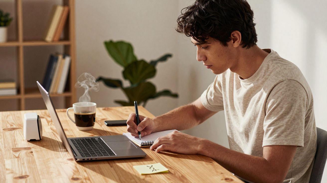 Jovem escrevendo em caderno ao lado de notebook e xícara de café fumegante em mesa de madeira.
