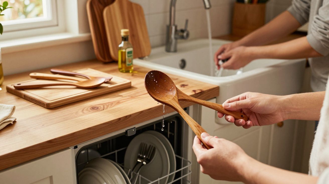 Pessoa segurando duas colheres de pau enquanto lava louça numa cozinha iluminada.