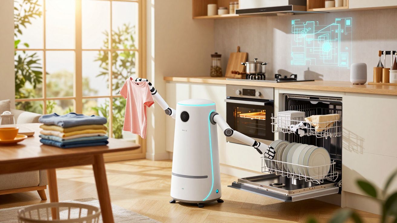 Robô doméstico com braços mecânicos retirando roupas do lava-louças em cozinha iluminada e moderna.