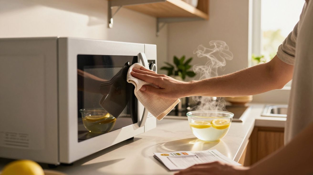 Pessoa limpando porta de micro-ondas na cozinha com tigela de ovos aquecidos e receita sobre a bancada.
