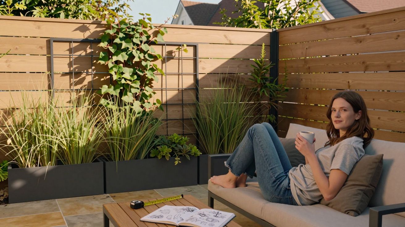 Mulher relaxando com uma caneca em um sofá externo em varanda com plantas e cerca de madeira.