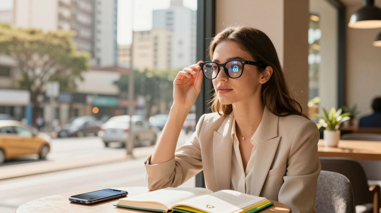 Jovem usando óculos com ícone de cadeado refletido, lendo livro em café com celular na mesa.