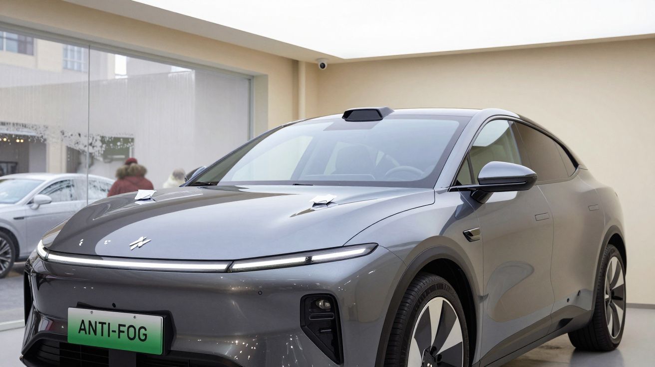 Carro elétrico cinza escuro exposição interna com placa verde escrita ANTI-FOG e design moderno.