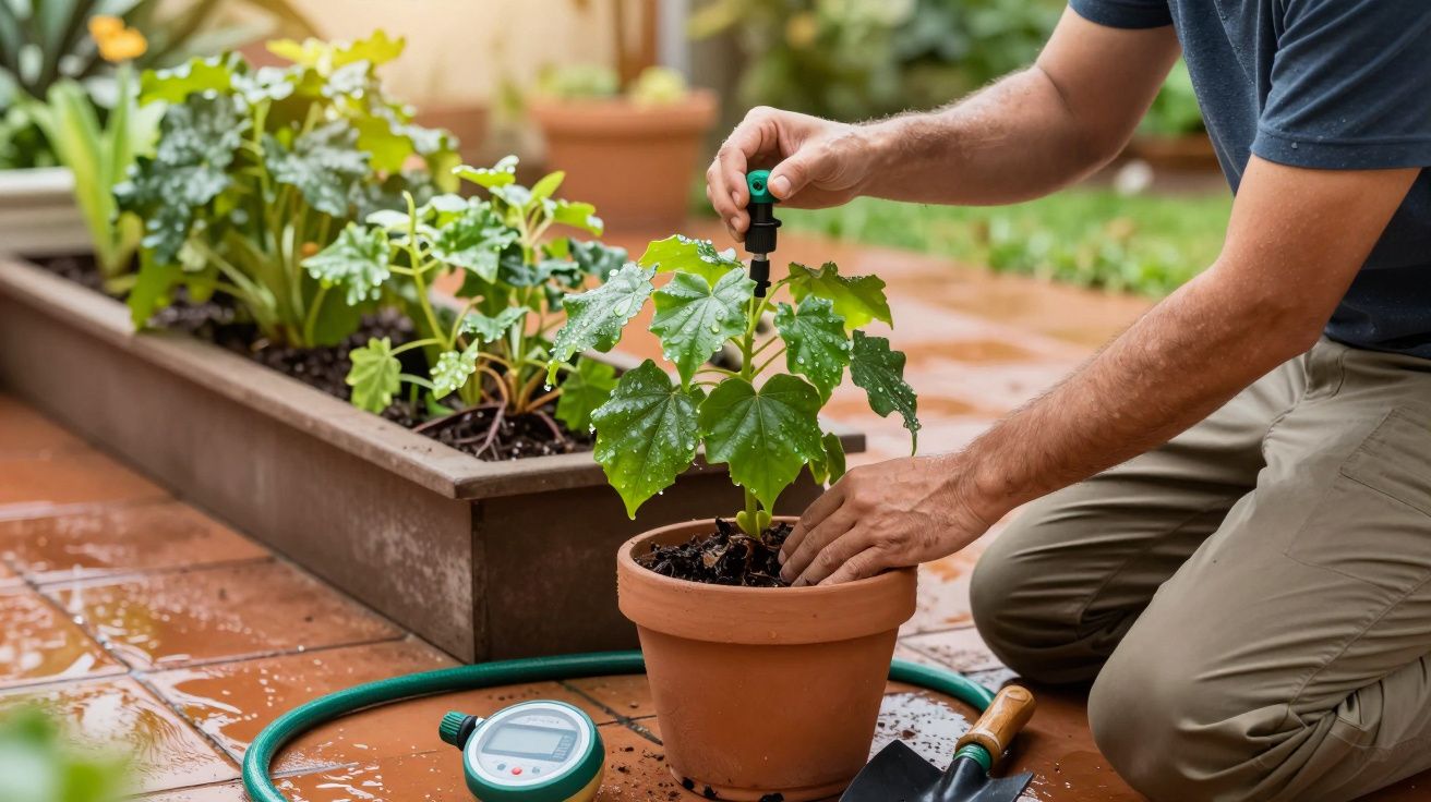 Pessoa regando planta em vaso de cerâmica com regador e regador automático em jardim externo.