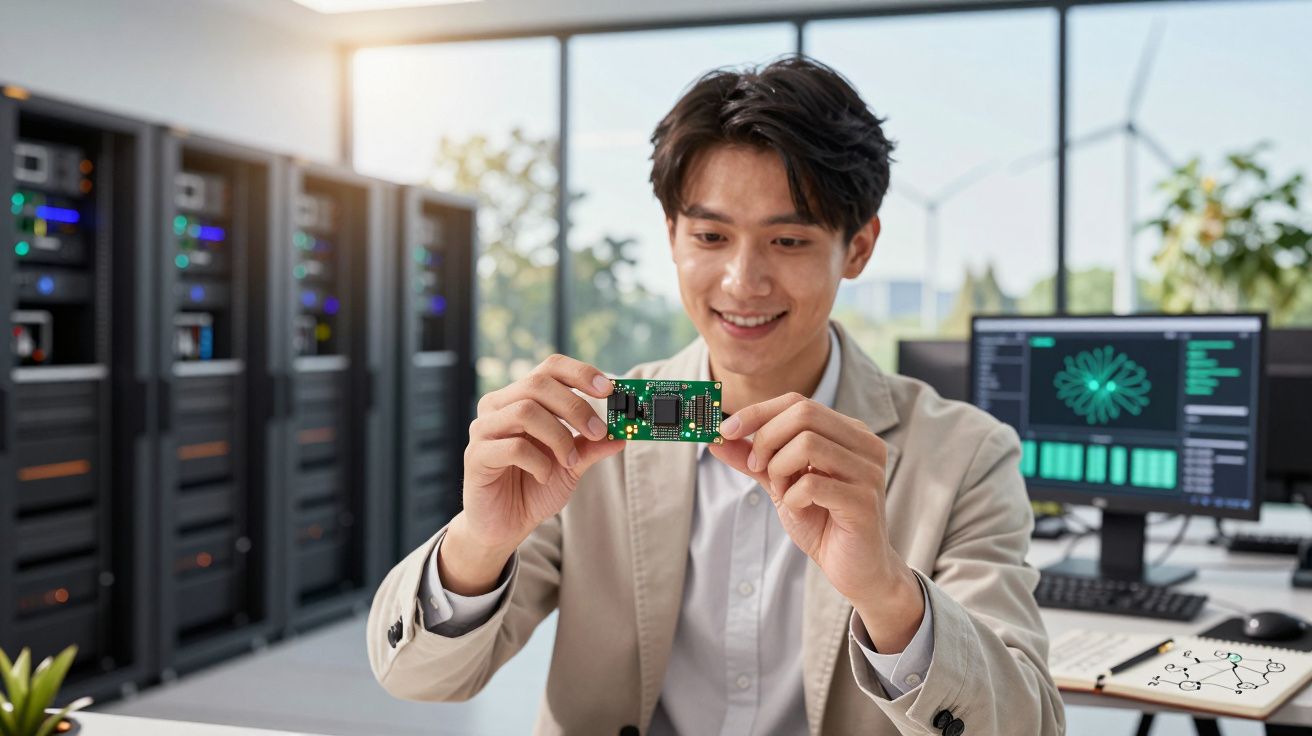 Jovem sorridente segurando um circuito impresso em escritório com servidores e computadores ao fundo.