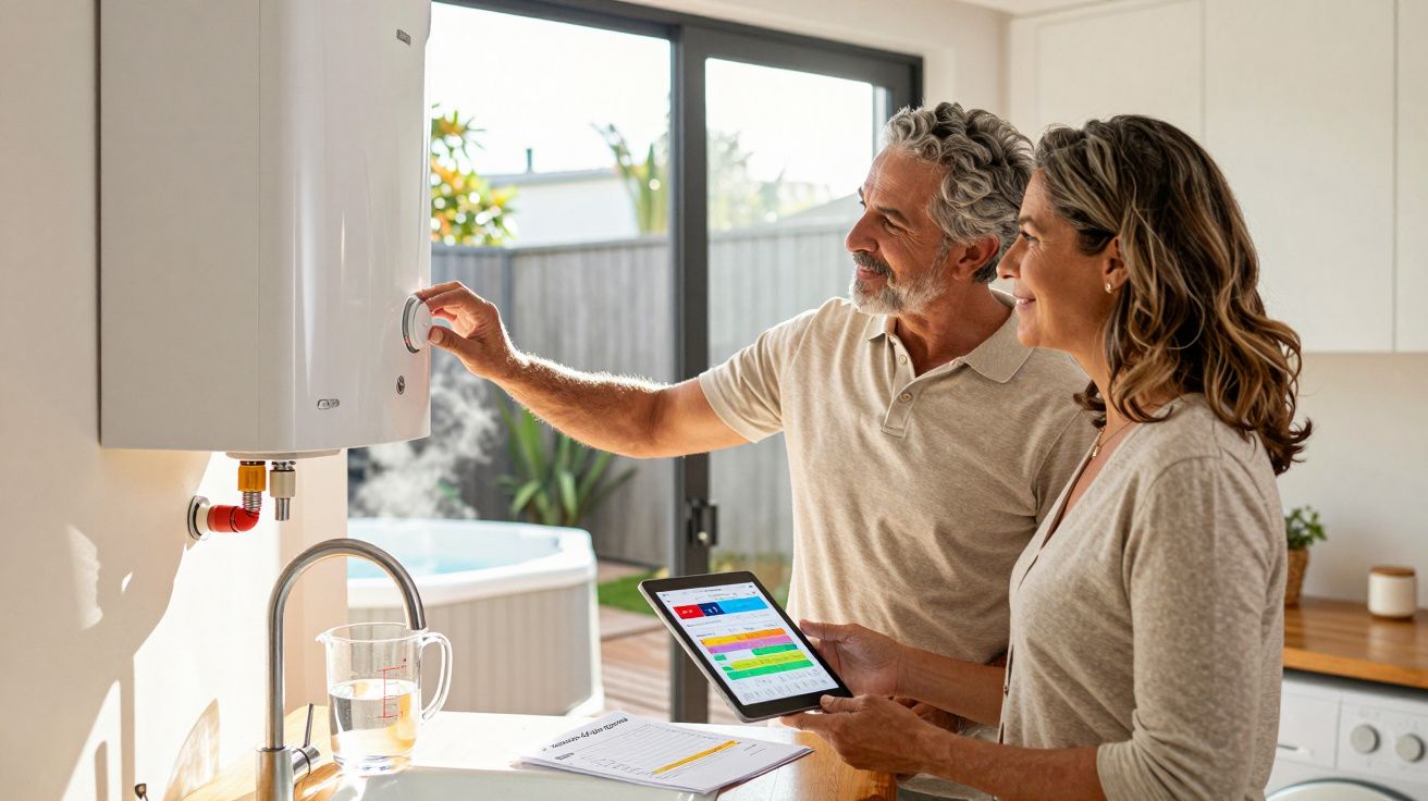 Casal ajustando termostato de aquecedor de água com tablet em cozinha iluminada e moderna.