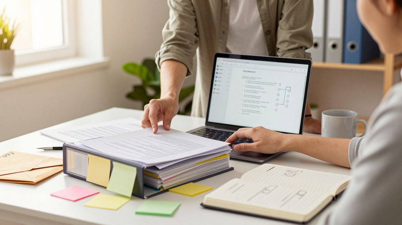 Duas pessoas discutindo documentos com laptop, pasta, cadernos e post-its em mesa de escritório.