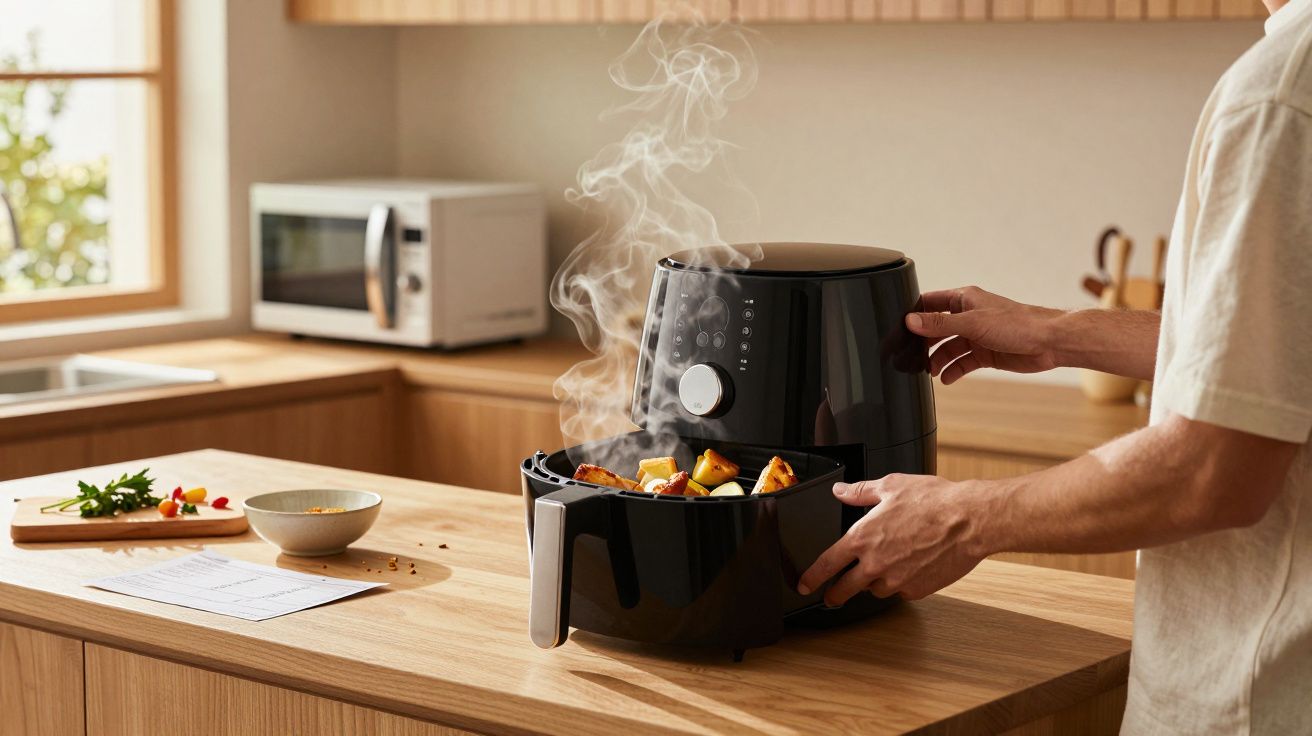 Pessoa removendo alimentos quentes de fritadeira elétrica preta com vapor em cozinha moderna.