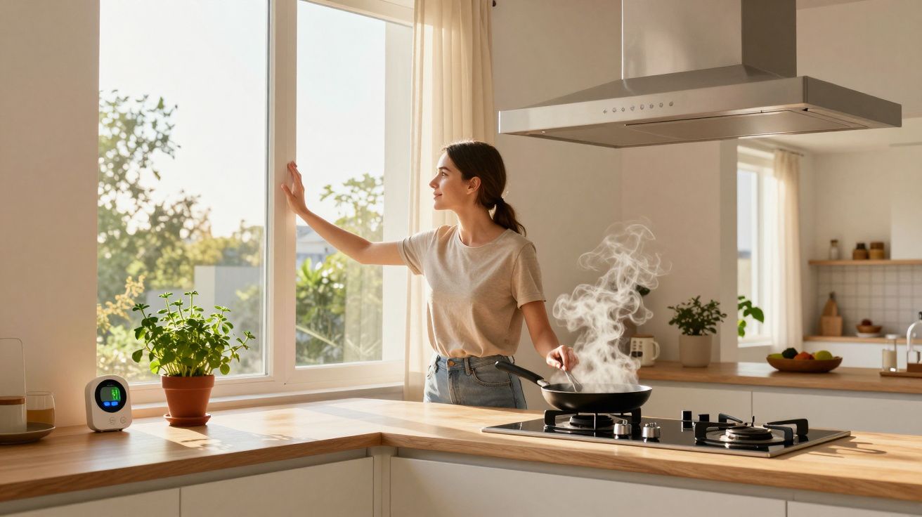 Mulher sorridente cozinhando com frigideira fumegante, olhando pela janela em cozinha iluminada.