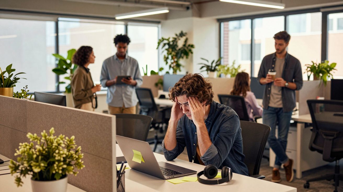 Jovem homem estressado segurando a cabeça em escritório aberto com colegas conversando ao fundo.
