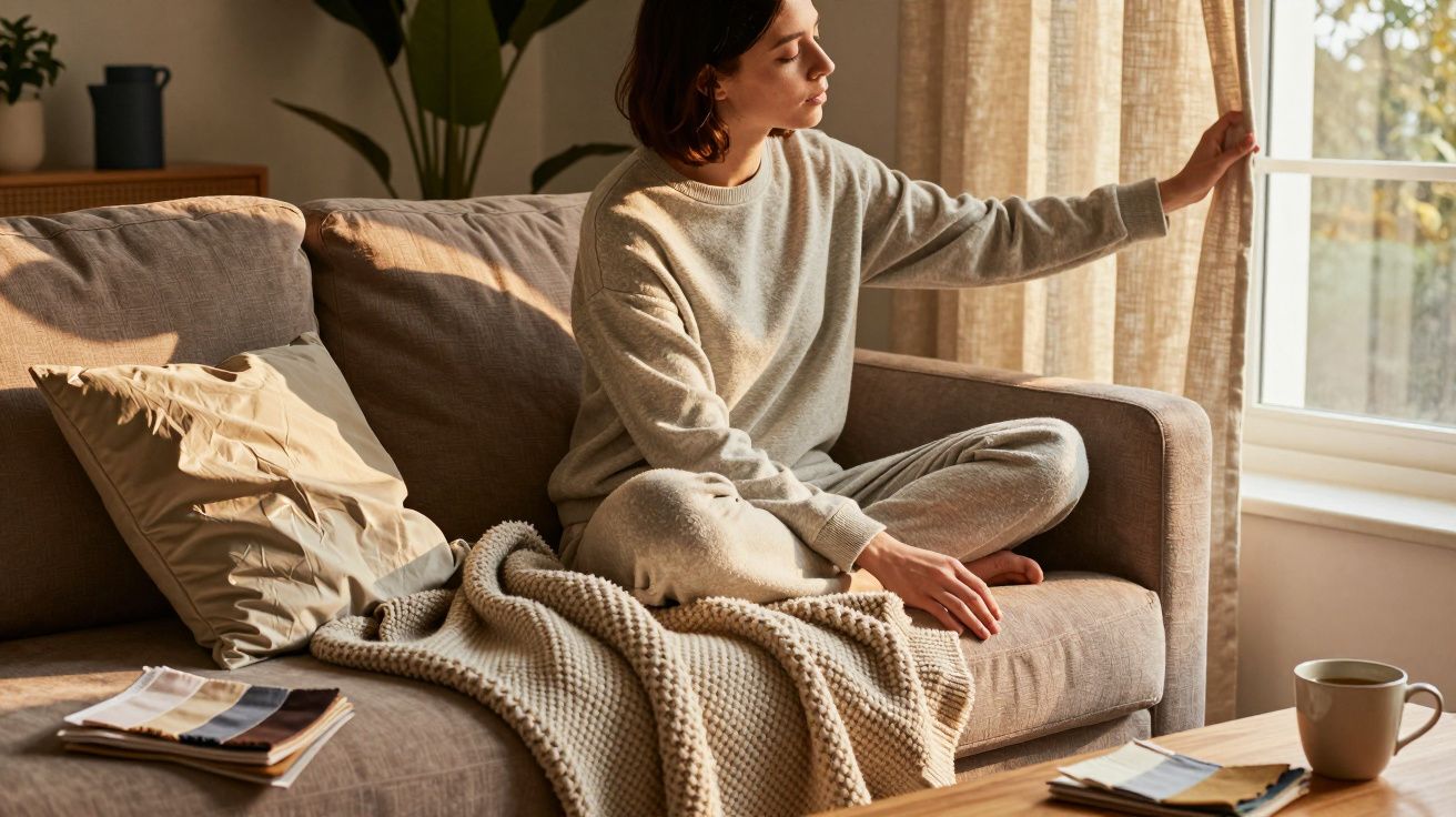 Mulher sentada no sofá abrindo a cortina para entrar luz natural em ambiente aconchegante.