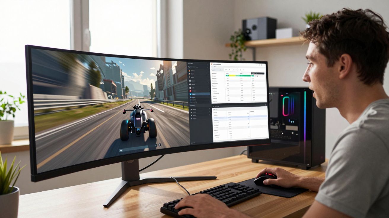 Homem jogando corrida em monitor ultrawide curvo com computador e teclado em mesa de madeira.