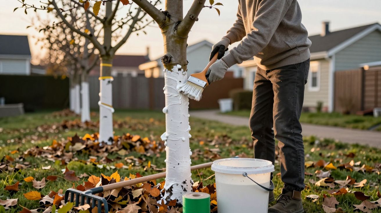 Pessoa pintando o tronco da árvore com tinta branca para proteção em quintal com folhas pelo chão.