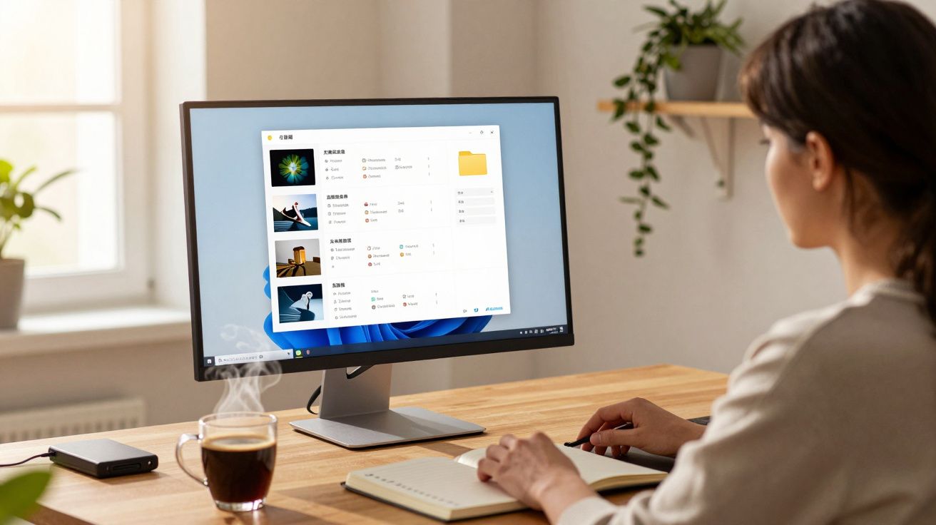 Pessoa usando computador com tela exibindo arquivos, xícara de café e caderno sobre mesa de madeira.