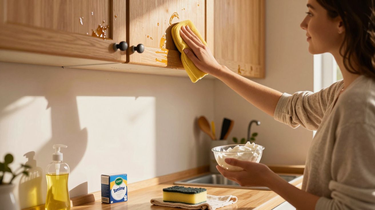 Mulher limpando armário de cozinha com pano amarelo após derramar líquido.