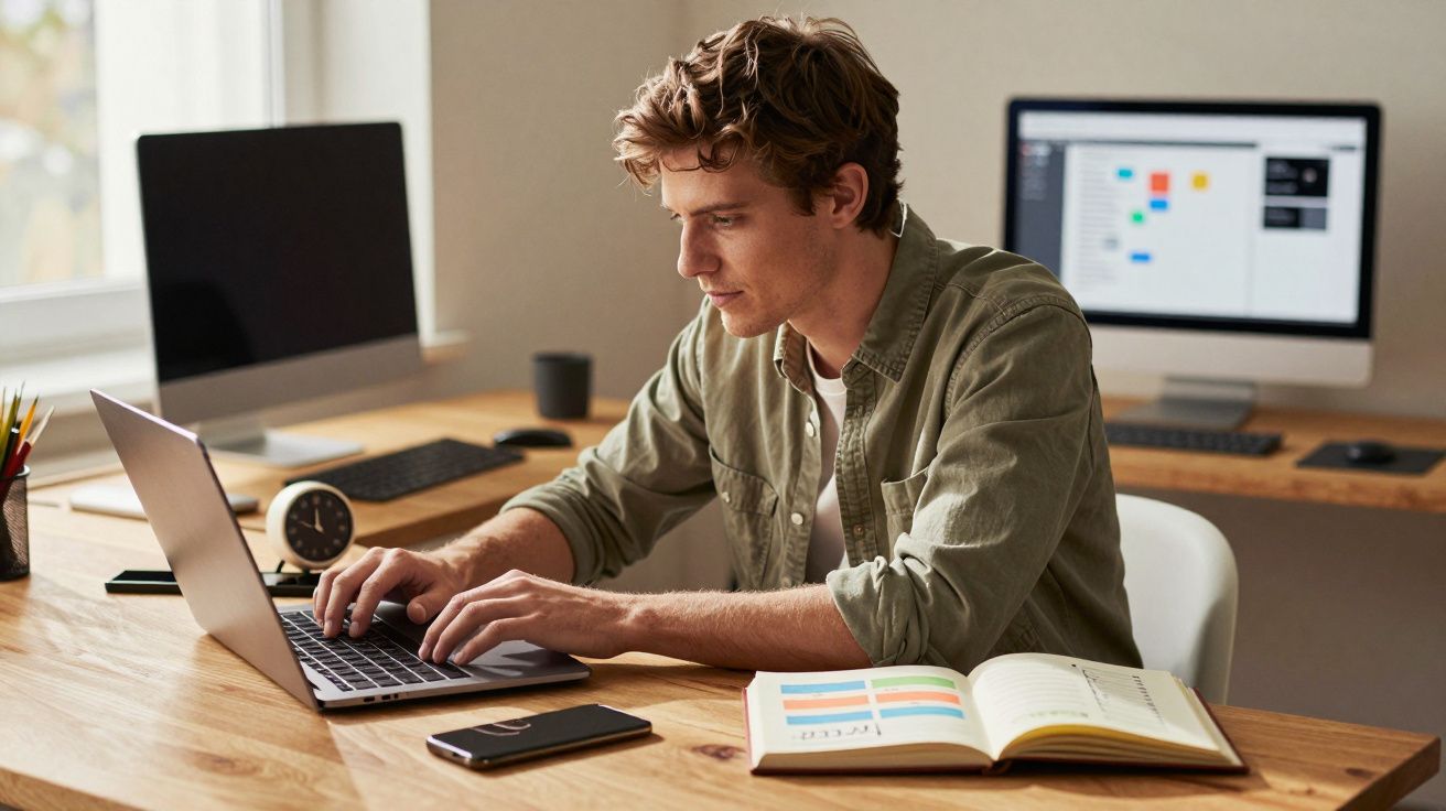 Homem jovem digitando no laptop enquanto trabalha em mesa com caderno, celular e computadores.