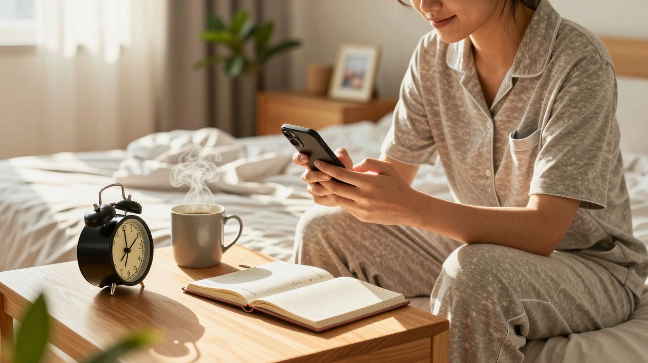 Pessoa em pijama usando celular sentada na cama com relógio, café e agenda sobre a mesa de madeira.