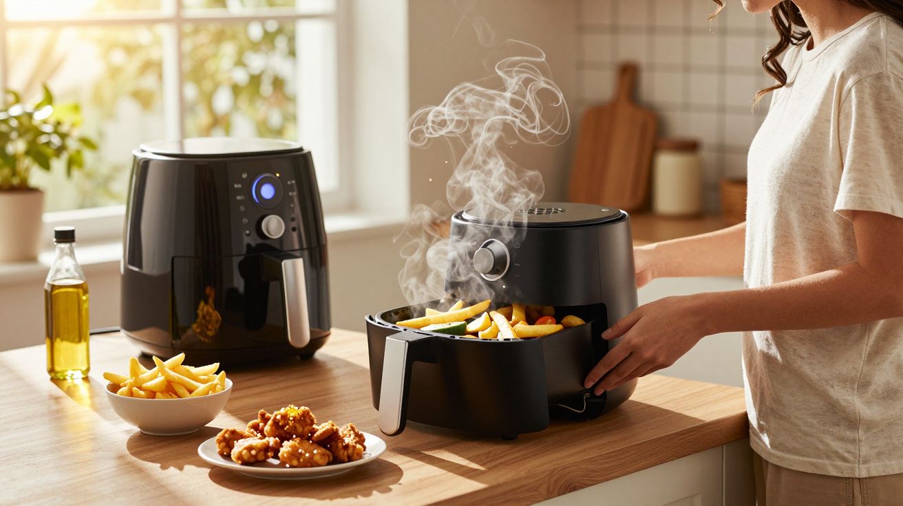 Pessoa retirando batatas fritas quentes de fritadeira elétrica em cozinha clara e moderna.