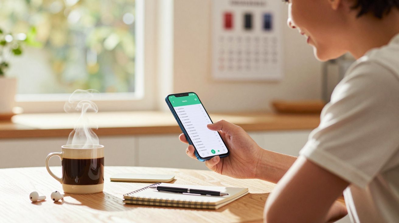 Pessoa usando celular próxima a mesa com café quente, fones de ouvido, caderno e caneta.