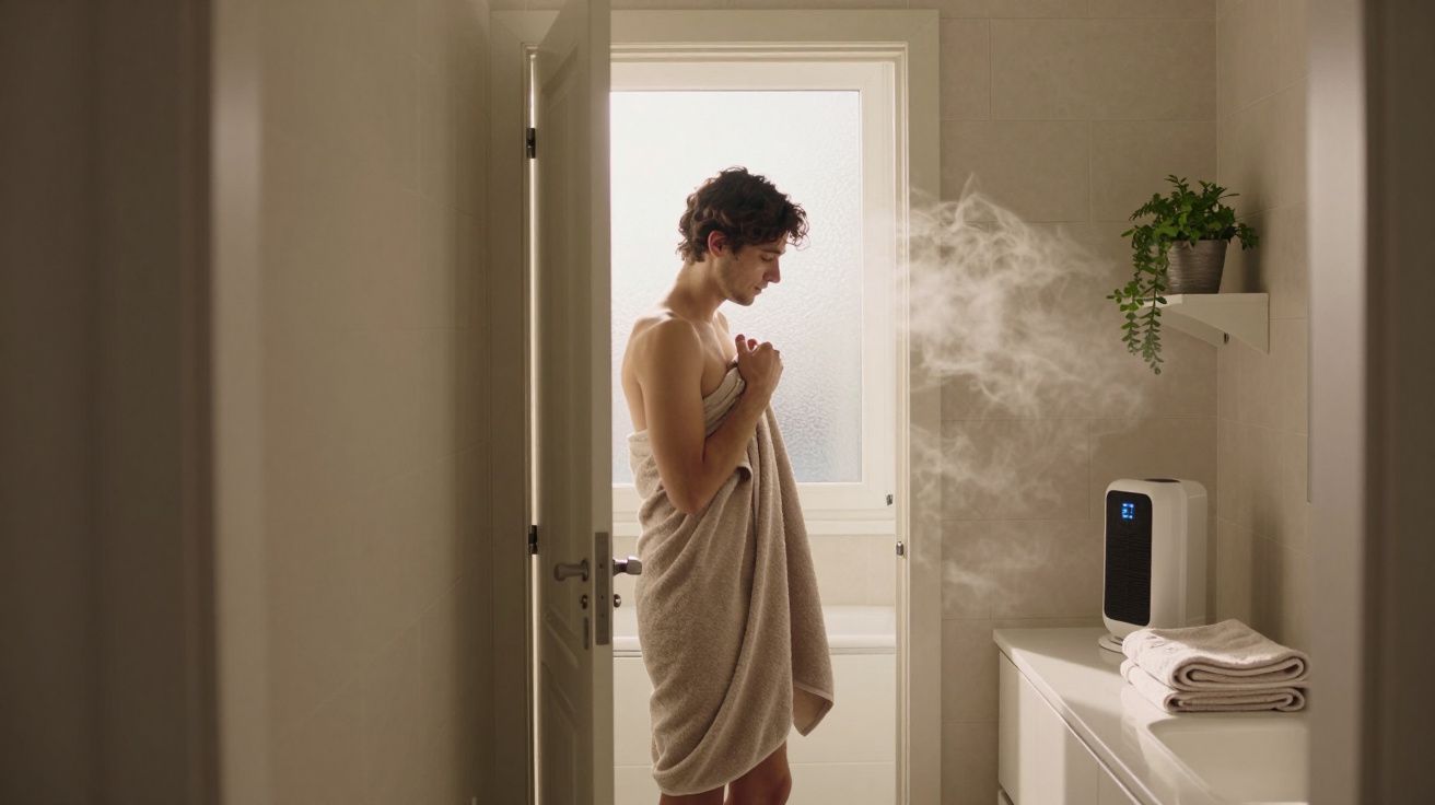 Pessoa com toalha no banheiro olhando para um umidificador emitindo vapor ao lado de toalhas dobradas.