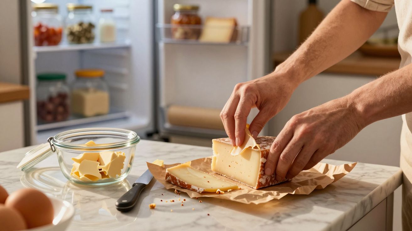 Pessoa fatiando queijo em queijos finos em uma bancada de cozinha com geladeira ao fundo.