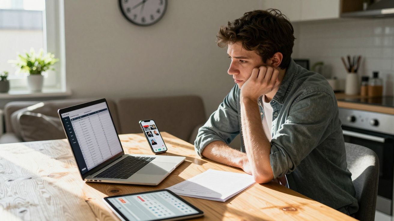 Homem jovem sentado à mesa com laptop, celular e tablet, concentrado em trabalho remoto.