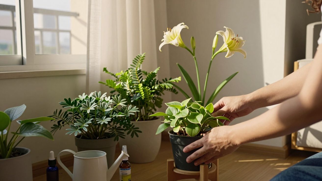 Pessoa cuidando de planta em vaso dentro de casa com outras plantas e produtos de jardinagem ao redor.