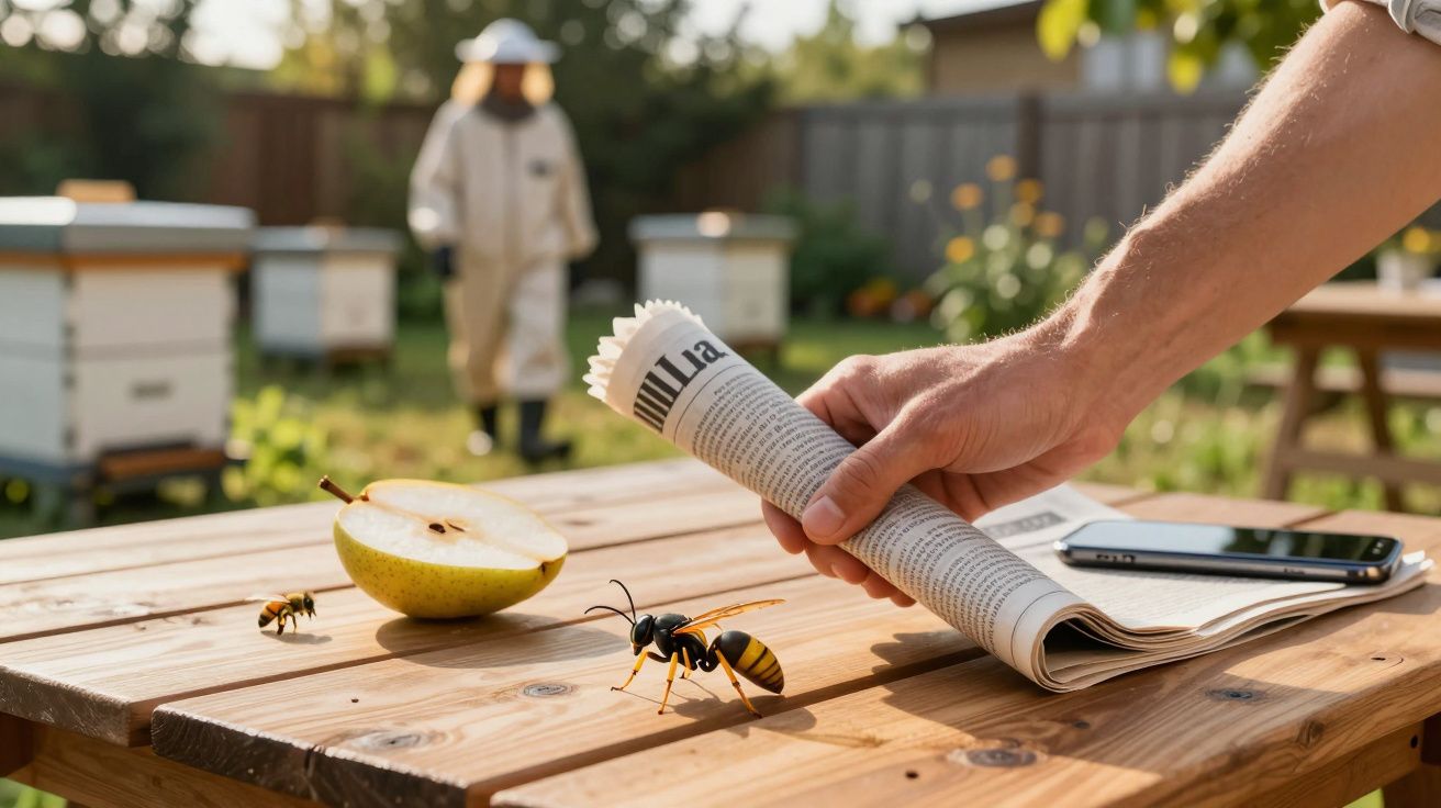 Pessoa tentando espantar vespas em mesa de madeira com jornal, pera cortada e apicultor ao fundo.