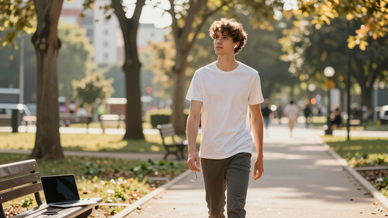 Jovem caminhando em parque urbano ao ar livre com fones de ouvido brancos e camiseta branca.