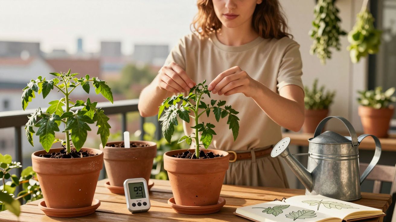 Mulher cuidando de plantas em vasos de barro com regador e livro de botânica sobre a mesa.