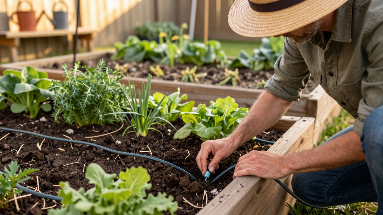 Homem com chapéu ajusta sistema de irrigação em canteiro de jardim com plantas verdes.