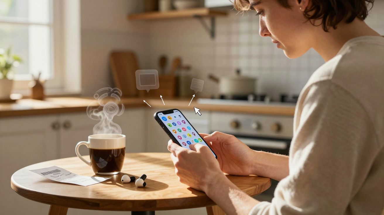 Pessoa segurando celular enquanto senta à mesa com café quente e fones de ouvido em cozinha iluminada.