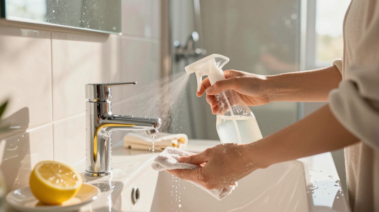 Pessoa limpando torneira de banheiro com spray e pano branco ao lado de pia com limão cortado.