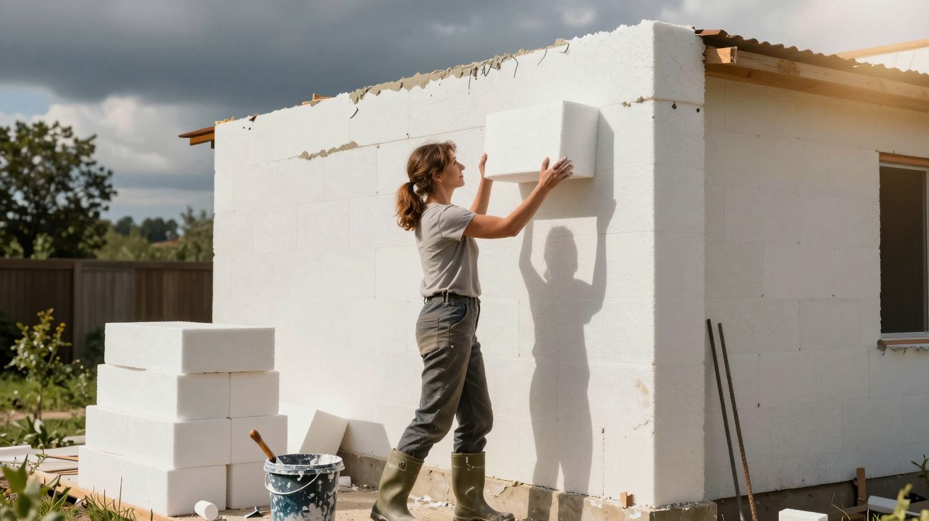 Mulher usando botas verdes constrói parede de blocos de espuma branca em área externa com céu nublado.